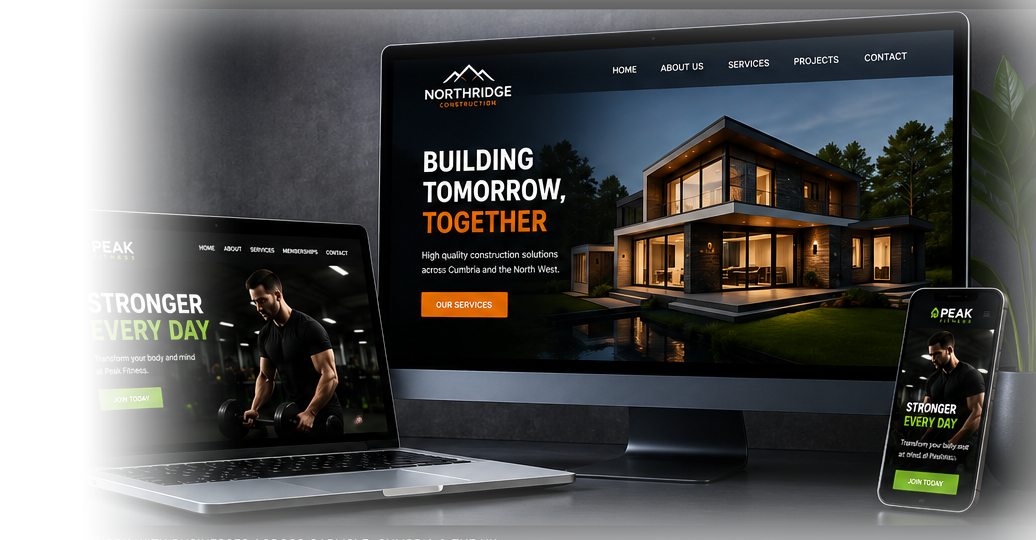 Professional monitor, laptop and phone displaying example Vigilate website designs